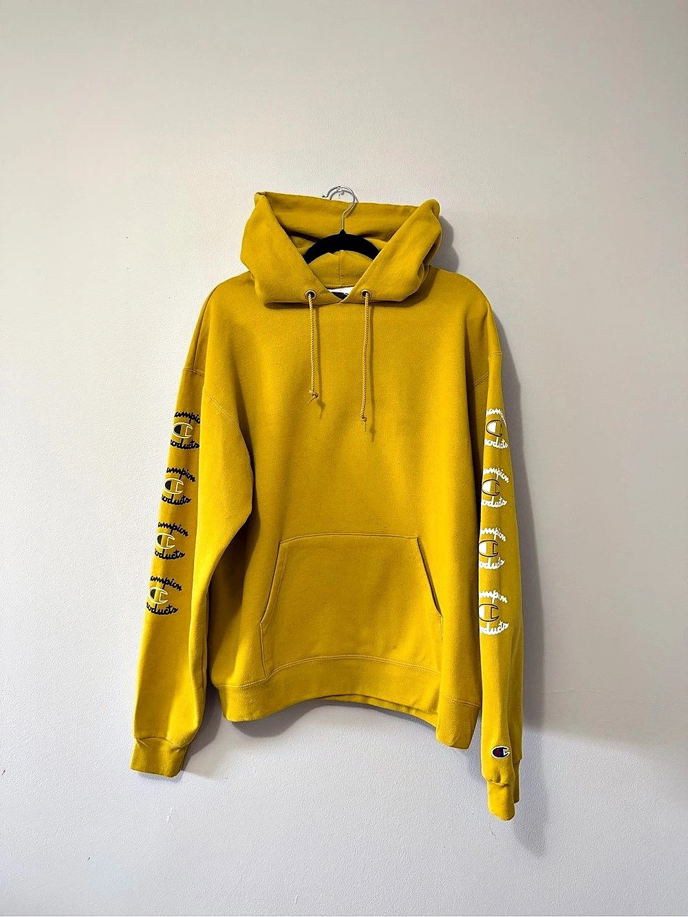 Champion Script Sleeve Logo Hoodie Yellow Large